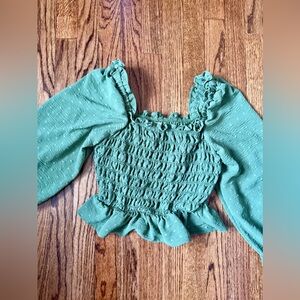 Treasure & Bond Smocked Ruffle Peplum Long-Sleeve Crop Top — Green